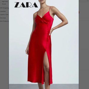 Zara Red Satin Midi Dress with Side Slit